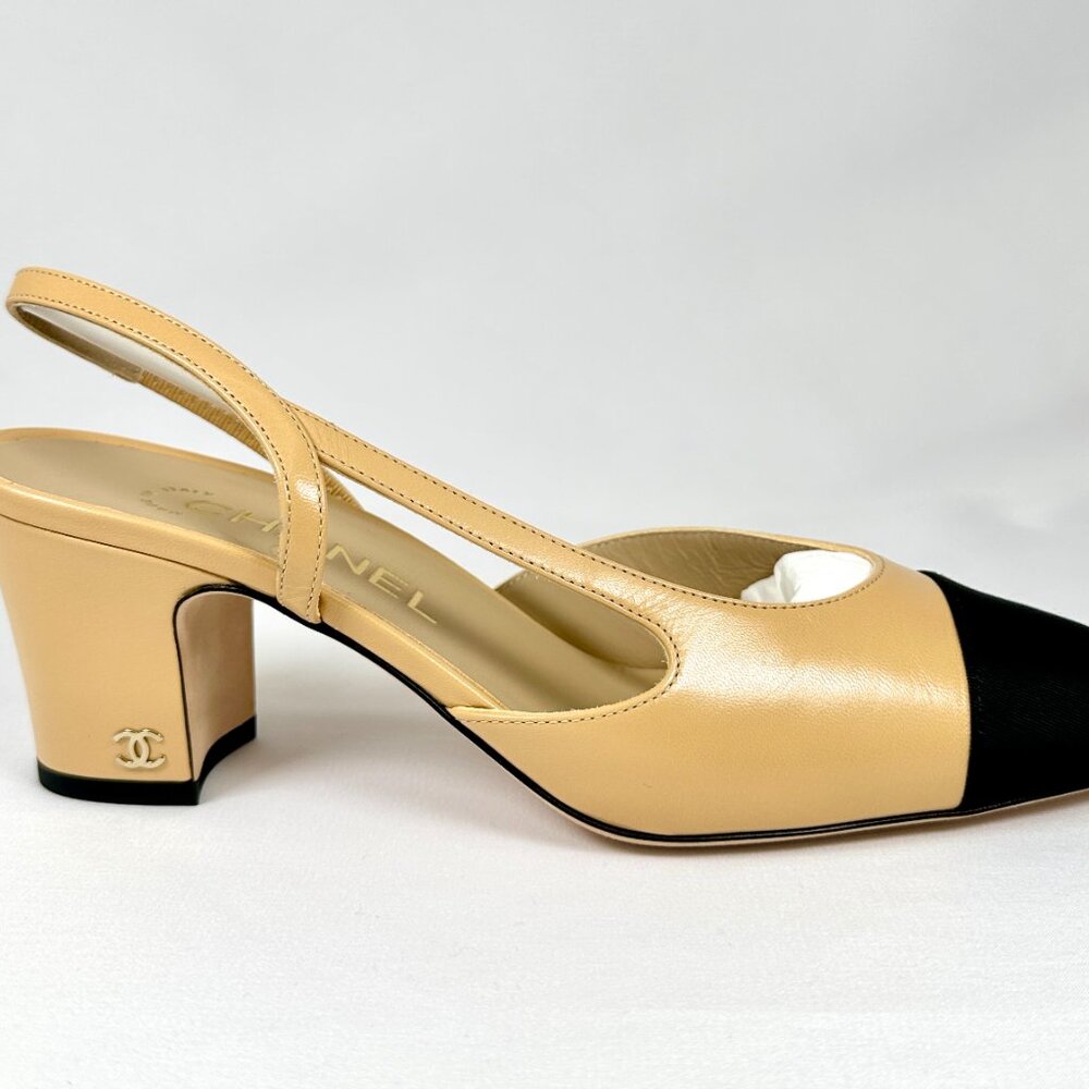 CHANEL SLINGBACK CAP TOE HEELS BEIGE